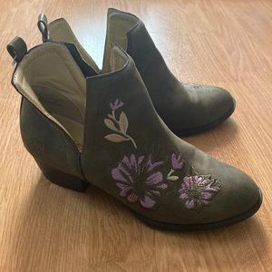 Army green suede flower ankle bootie
